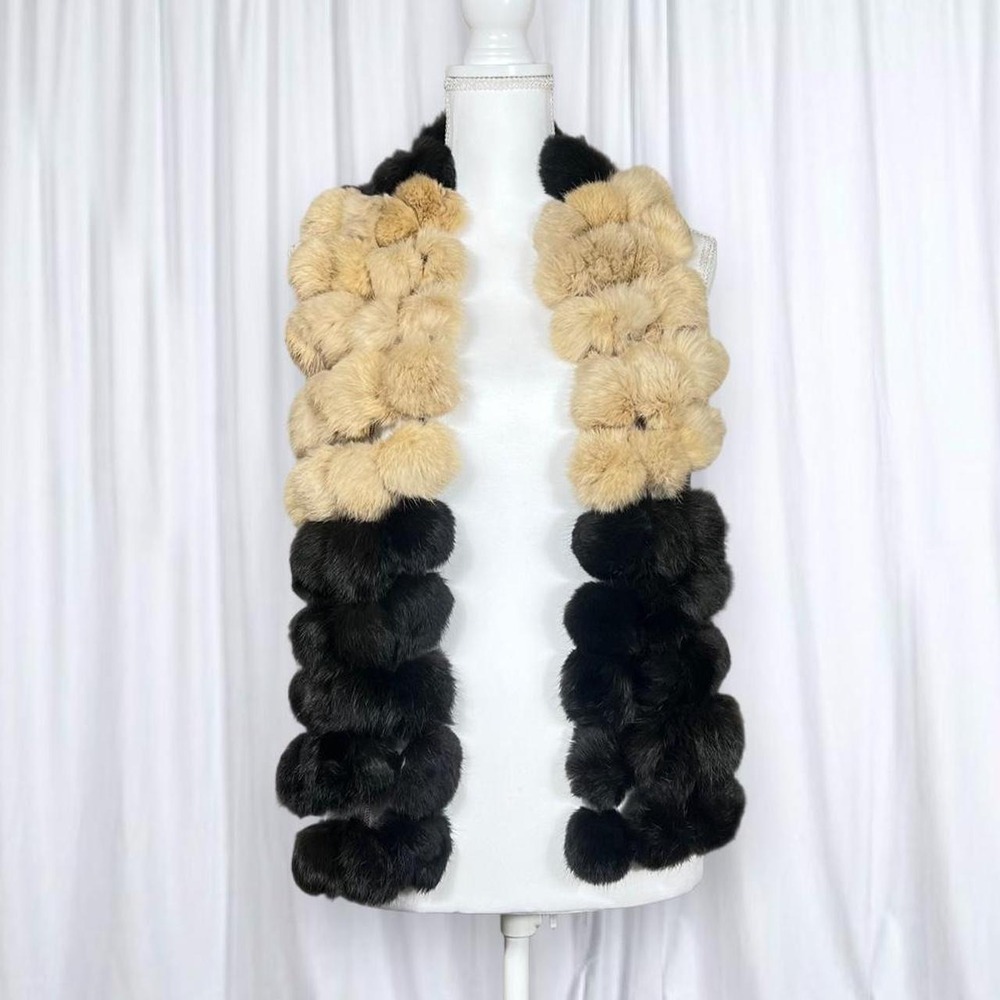 Lord & Taylor Genuine Rabbit Fur Pom Pom Scarf Black Tan Vintage
